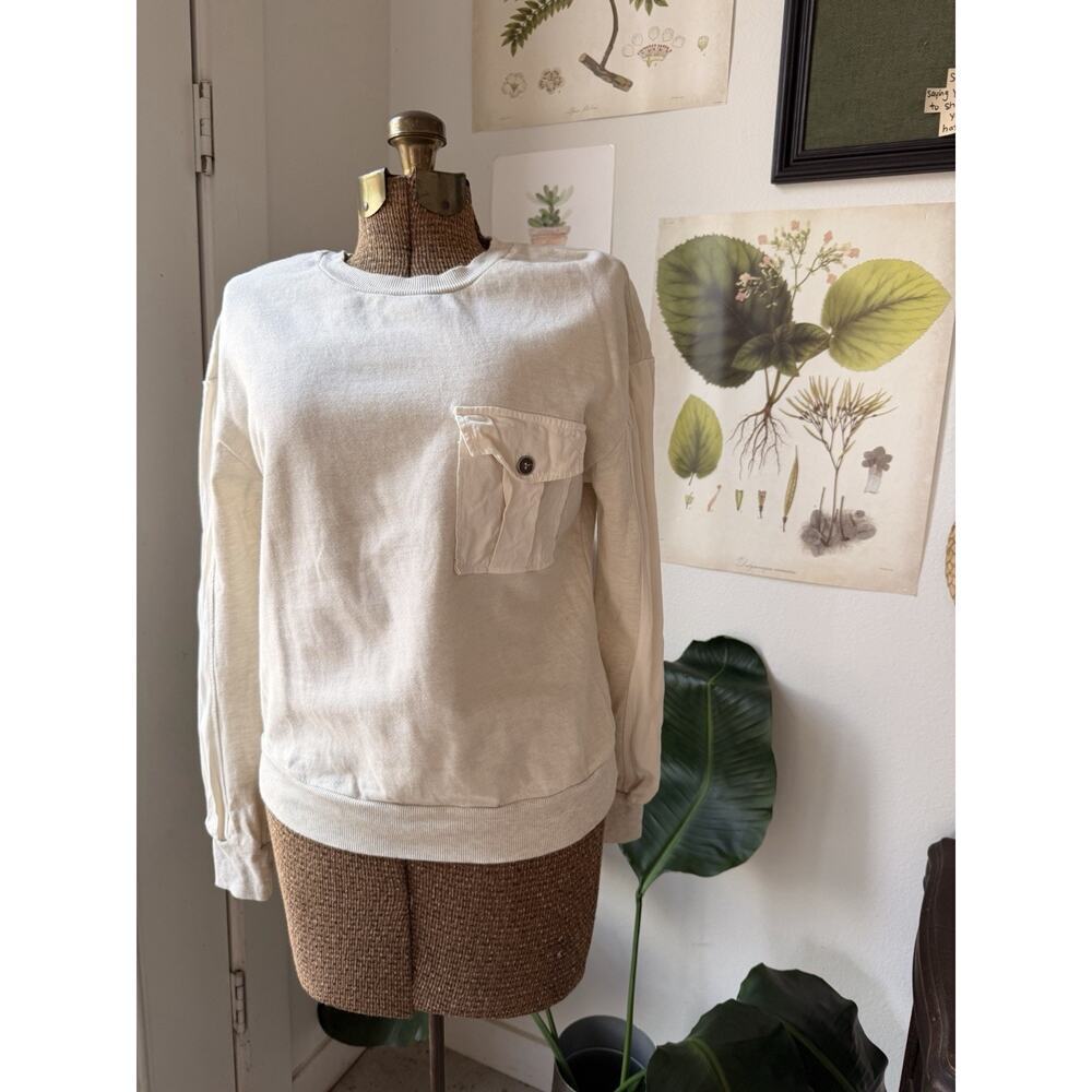 t.la Anthropologie Cream Mixed Media Cargo Pocket Sweatshirt XS